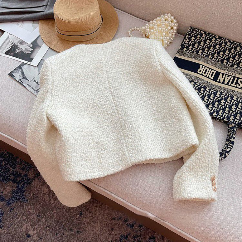 Women's Wool Blends Chic Tweed Coat Female Elegant O Neck Cropped Jacket Women Spring Fall Luxruy Korean Fashion pocket white Outwear Clothing 23