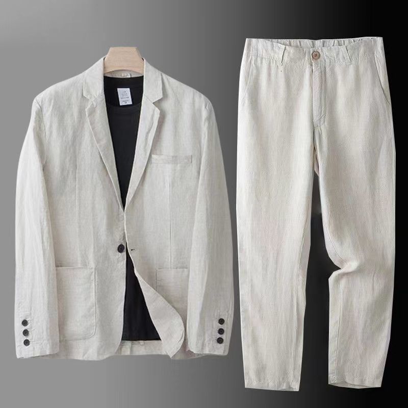 Linen Tracksuits for Men Spring Autumn 2024 Fashion Two Piece Set Blazer Jacket Pants Breathable Casual Slim Fit Business Clothing 230906