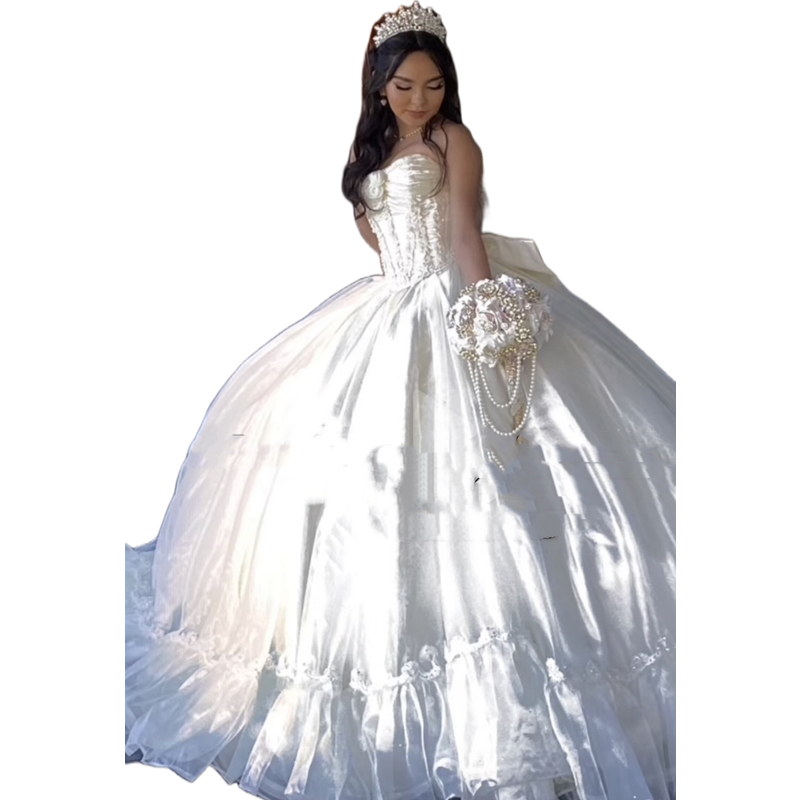 Princess Corset Quinceanera Dresses With Ivory Bow Back Handmade Flowers Crystals Beaded Ball Gown Prom Party Dress For Girls Ruffles Floor Length Ves