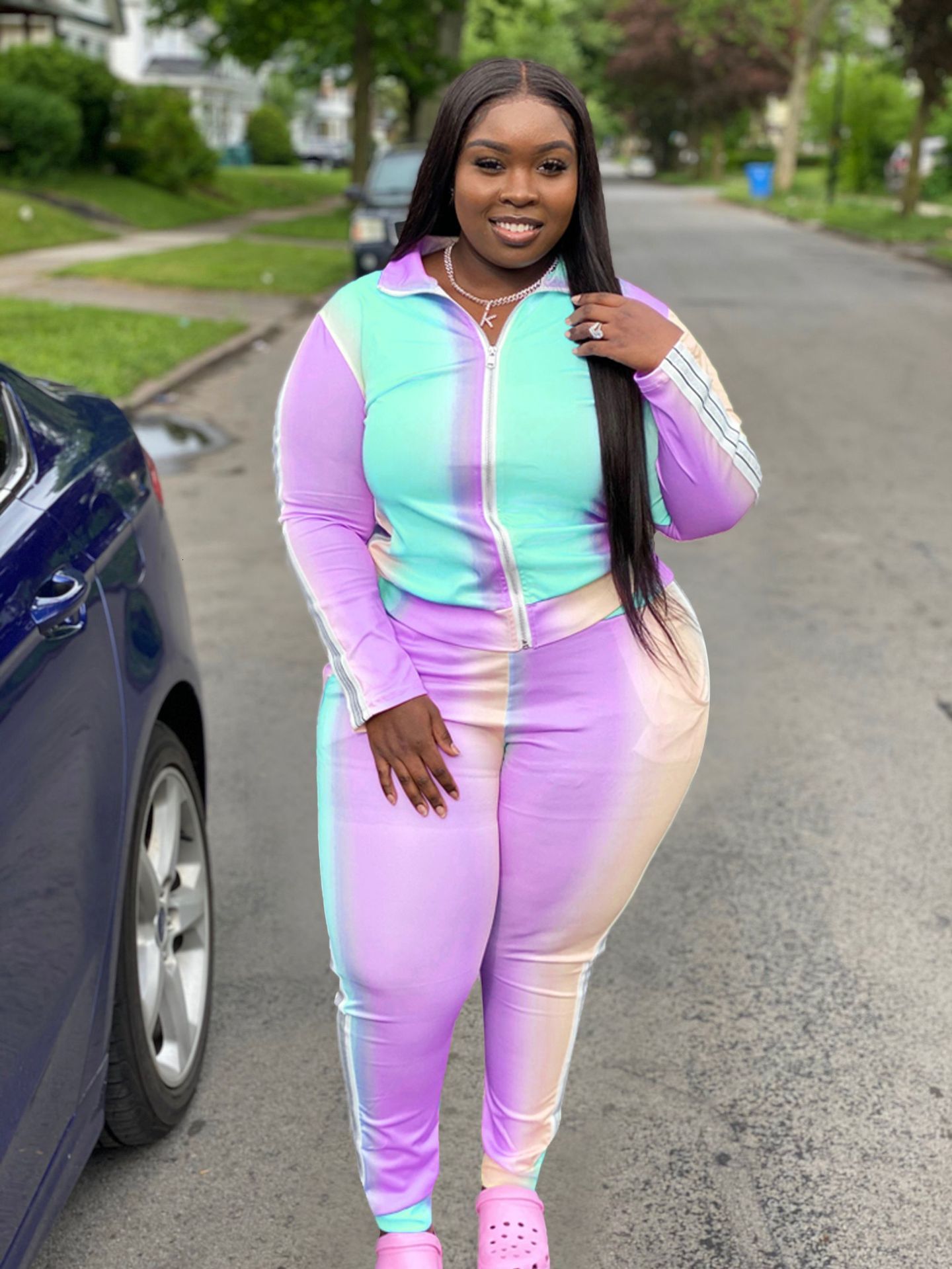 Women's Plus Size Tracksuits 5XL Clothing Fall Lapel Gradient Print Long Sleeve Trousers Patchwork Casual Sports Ladies Suit Oversized 230905