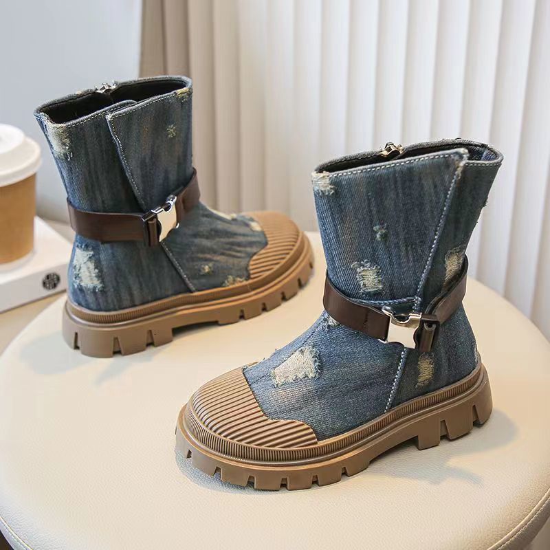 Boots Girls Short Boots Autumn Denim Side Zipper Short Boots Shell Head Thick Sole Casual British Style Girls Shoes 2637 230906