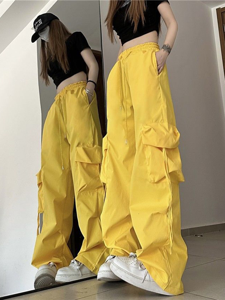 Women's Pants Capris Zoki Cargo Pant Women y2k Streetwear Hip Hop Loose Casual Trousers American High Waist Big Pockets Lace Up Fashion Lady Pant