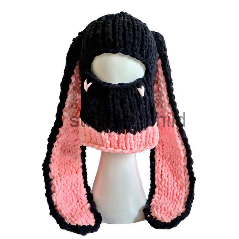 Beanie/Skull Caps Women Lovely Long Rabbit Ear Beanie Hat Gothic Punk Women Winter Thicken Warm Windproof Knitted Caps Chic Streetwear x0907