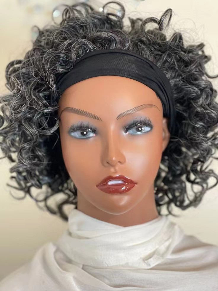 Silver grays human hair headband wig tight curl falls on shoulder or below with adjustable velcro straps glueless 14inch