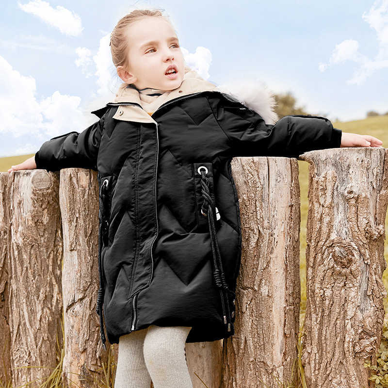 Down Coat Winter Warm Windproof Girls Plain Long Hooded Thick Jacket School Kids Down Coats Child Outerwear 3-14Years R230905