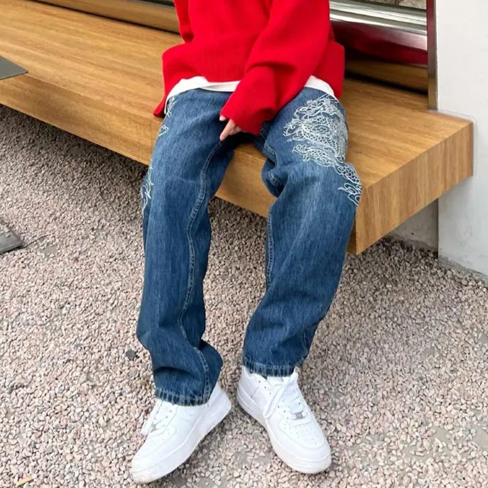 Men's Jeans Retro Streetwear Dragon Embroidery Straight Baggy Pants Jeans Men Harajuku Trend Trousers Wide Leg Loose Oversize Hip Hop 230907