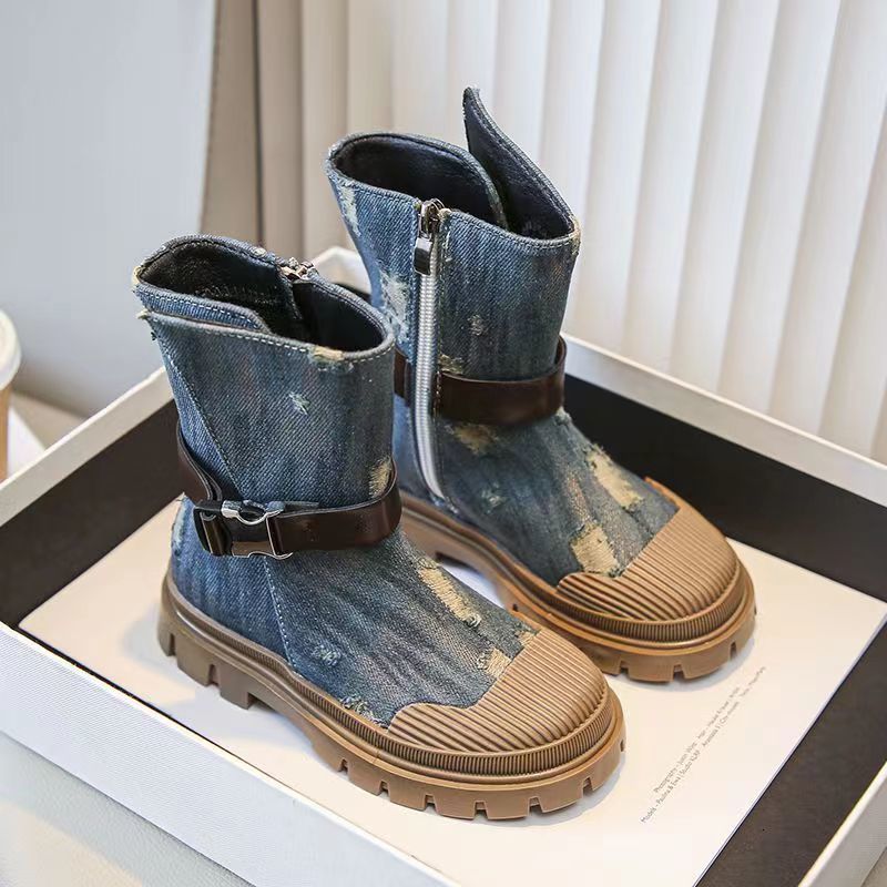 Boots Girls Short Boots Autumn Denim Side Zipper Short Boots Shell Head Thick Sole Casual British Style Girls Shoes 2637 230906