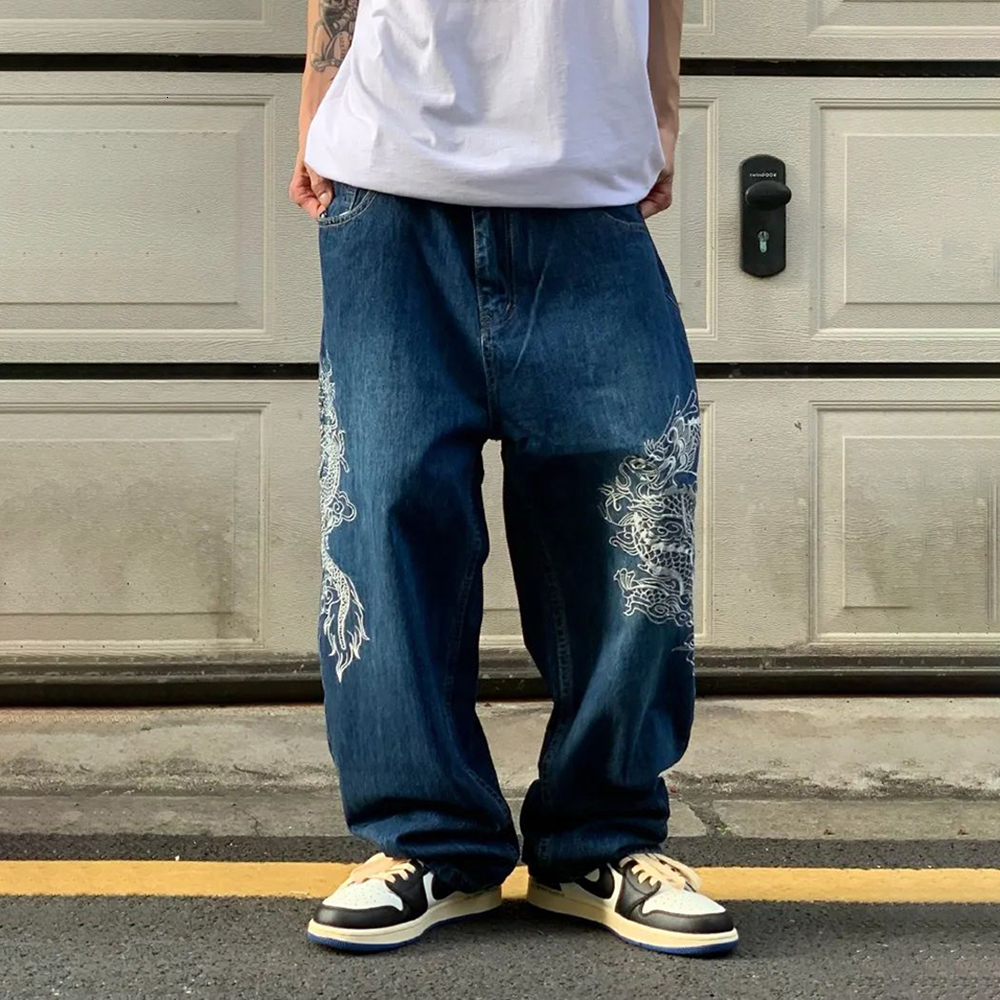 Men's Jeans Retro Streetwear Dragon Embroidery Straight Baggy Pants Jeans Men Harajuku Trend Trousers Wide Leg Loose Oversize Hip Hop 230907