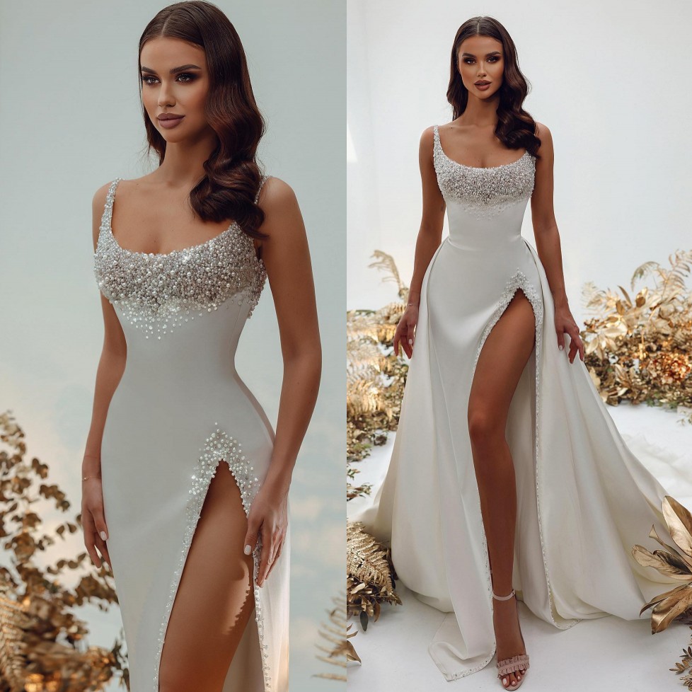 Stunning Pearls Wedding Dresses Sequined Bridal Gowns With Detachable Train Scoop Neckline A Line Satin Side Split Vestido De Novia
