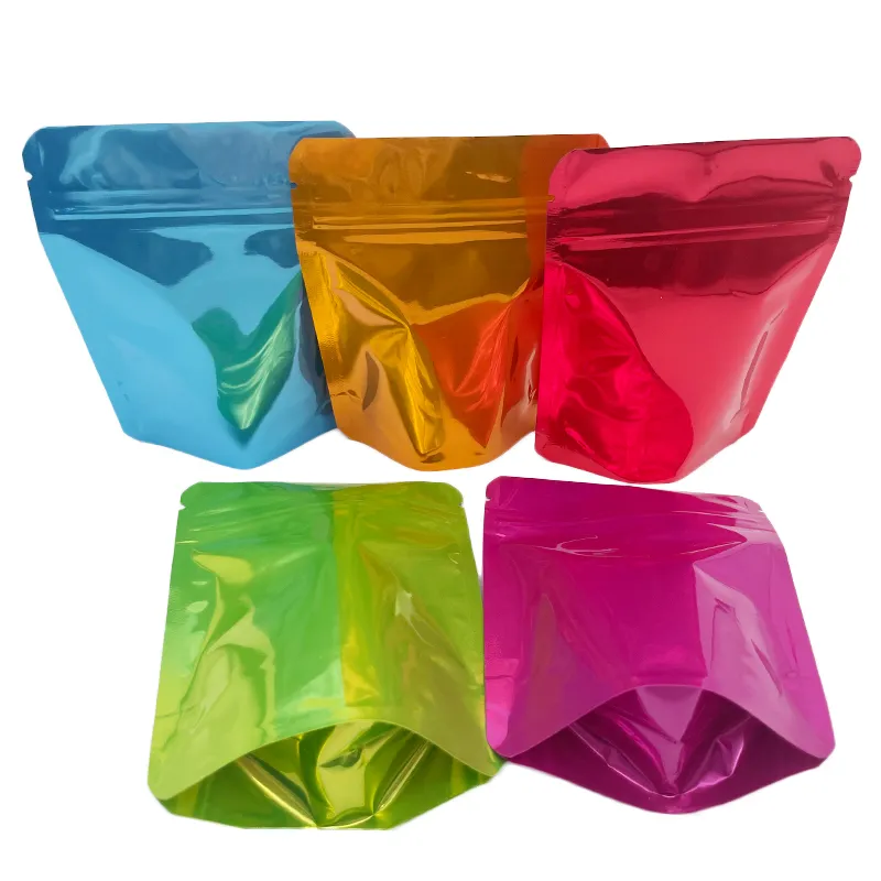 wholesale Glossy metallic plain mylar bags stand up pouch 3.5g resealable zipper strain lable cali packs LL