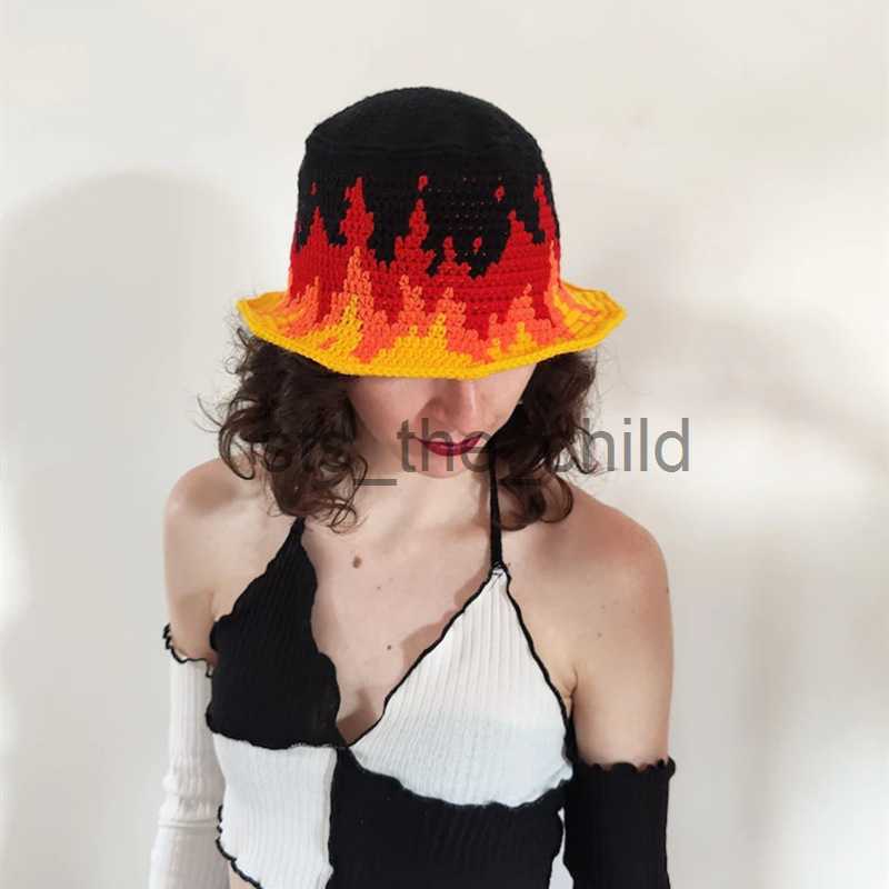 Beanie/Skull Caps Wide Brim Hand Crochet Knit Bucket Hat Foldable Floppy Summer Fisherman's Hat Custom Sunshade Flame Design x0907