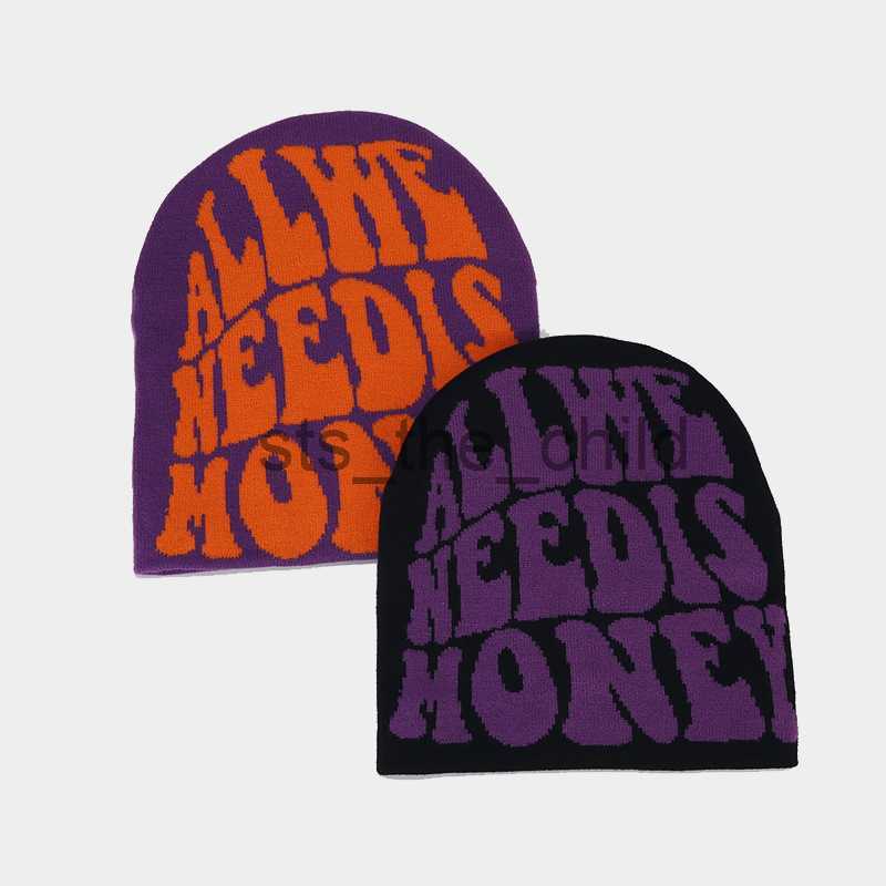 Beanie/Skull Caps All We Need Is Money Beanies Hat Jacquard Letter Knitted Cap Y2K Hip Hop Pullover Bonnets Women Men Winter Elastic Warm Skullies x09