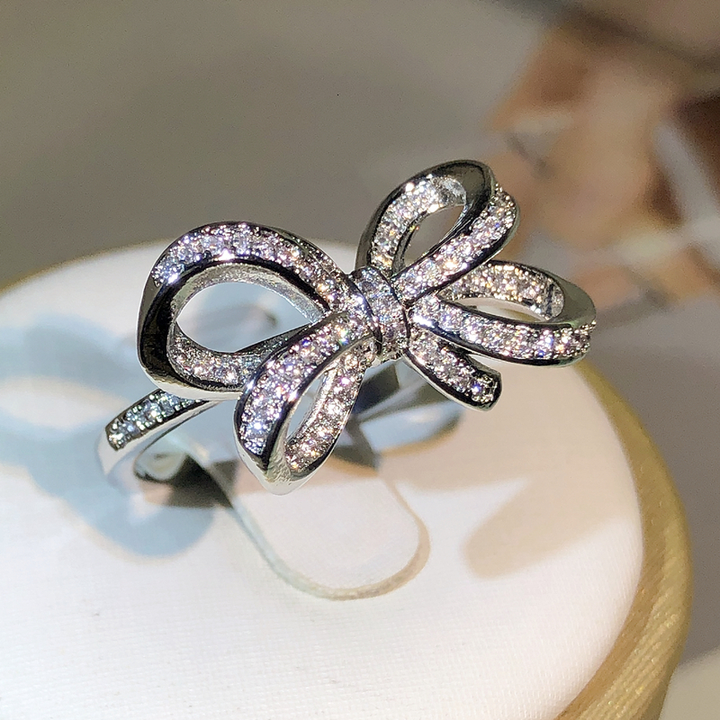 Wedding Rings 925 Sterling Silver Classic Big Bow Zircon Ring For Ladies Fashion Birthday Wedding Engagement Jewelry Gift 230907