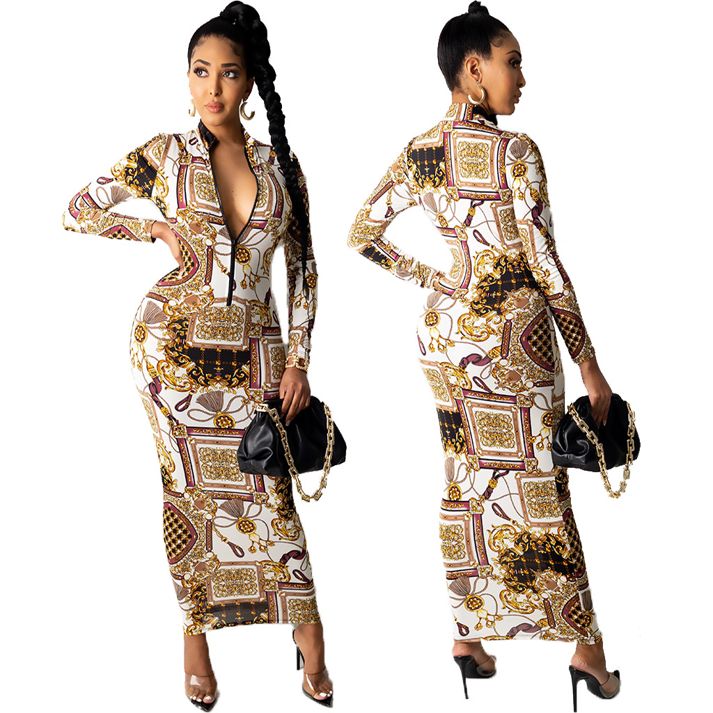 Zip Neck Dresses Women Casual Print Slim Bodycon Long Pencil Dress Free Ship