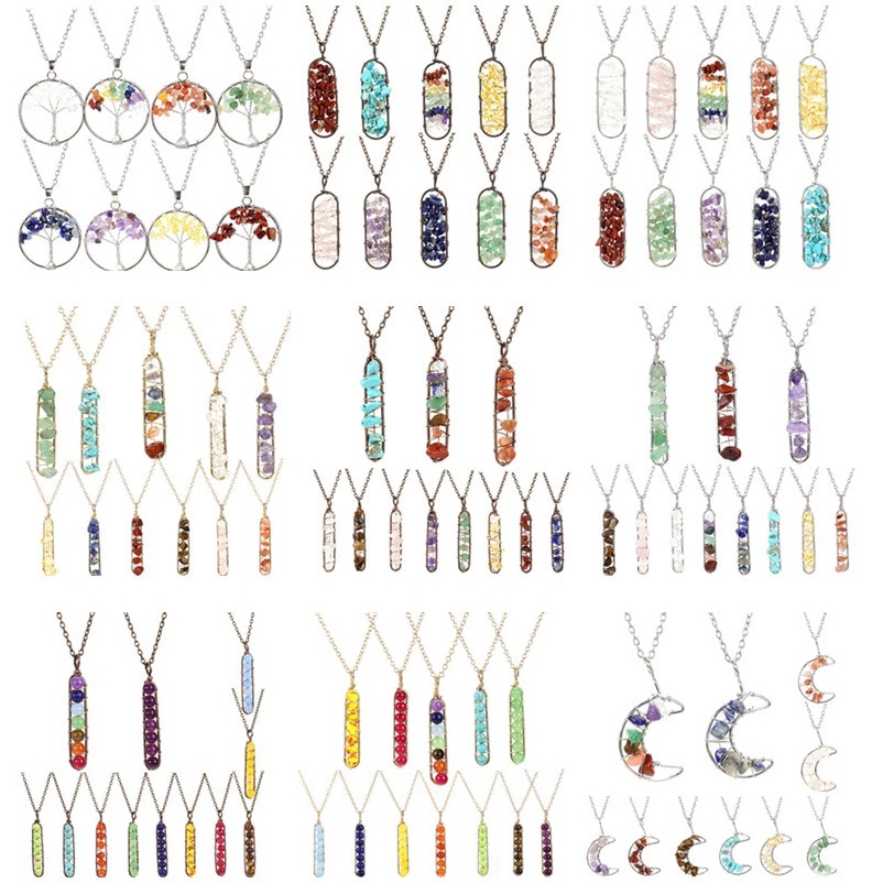 Natural Irregular Wire Wrapped Chip Stone Pendant Quartz Chakra Moon tree of life Charms Amethyst Lapis Healing Crystal Agates Necklaces for Women Jew