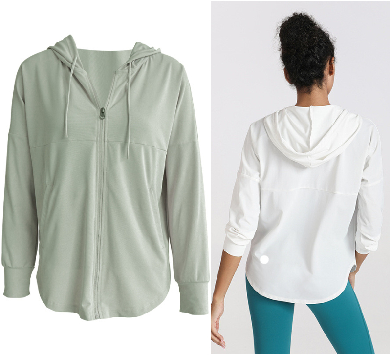 DS15 Womens Dust Coat Hooded Fitness Wear Yoga Outfits Sportswear Outer Loose Jackets Adult Running Train Exercise Long Sleeve Waterproof Tops