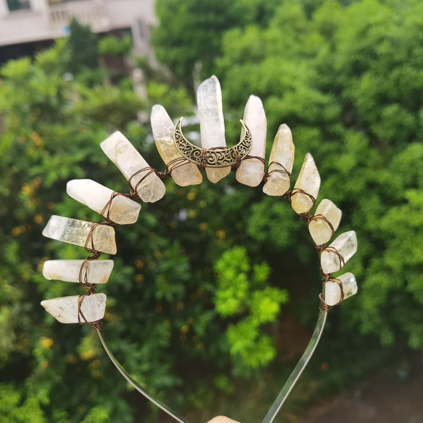 Wedding Hair Jewelry Real Crystal Quartz Druzy Crown Gothic Moon Raw Stone Wand Hairpin Tiara Witchcraft Comb Hair Woman Wed Halloween Jewelry Gift 23