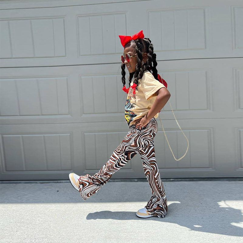 Trousers 2023 Summer Pants Baby Girls Wave Print Flare Leggings With Small Moq Brown Vintage Street Style Trouser Chirldren Pant 1 8Y 230906