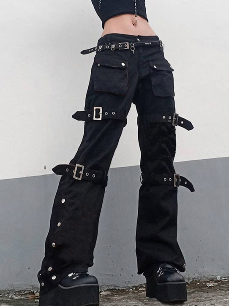 Women's Pants Capris Eyelet Buckle Cyber Punk Goth Baggy Jeans Y2K Woman Techwear Dark Academic Solid E Girl Cargo Pants Denim Gothic Hippie Trou