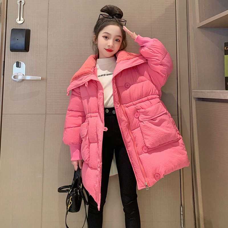 Down Coat 4-12 Years Winter Girls Jacket Solid Color Keep Warm Fashion Coat Hooded Zipper Slim Kids Down Cotton Clothes R230905