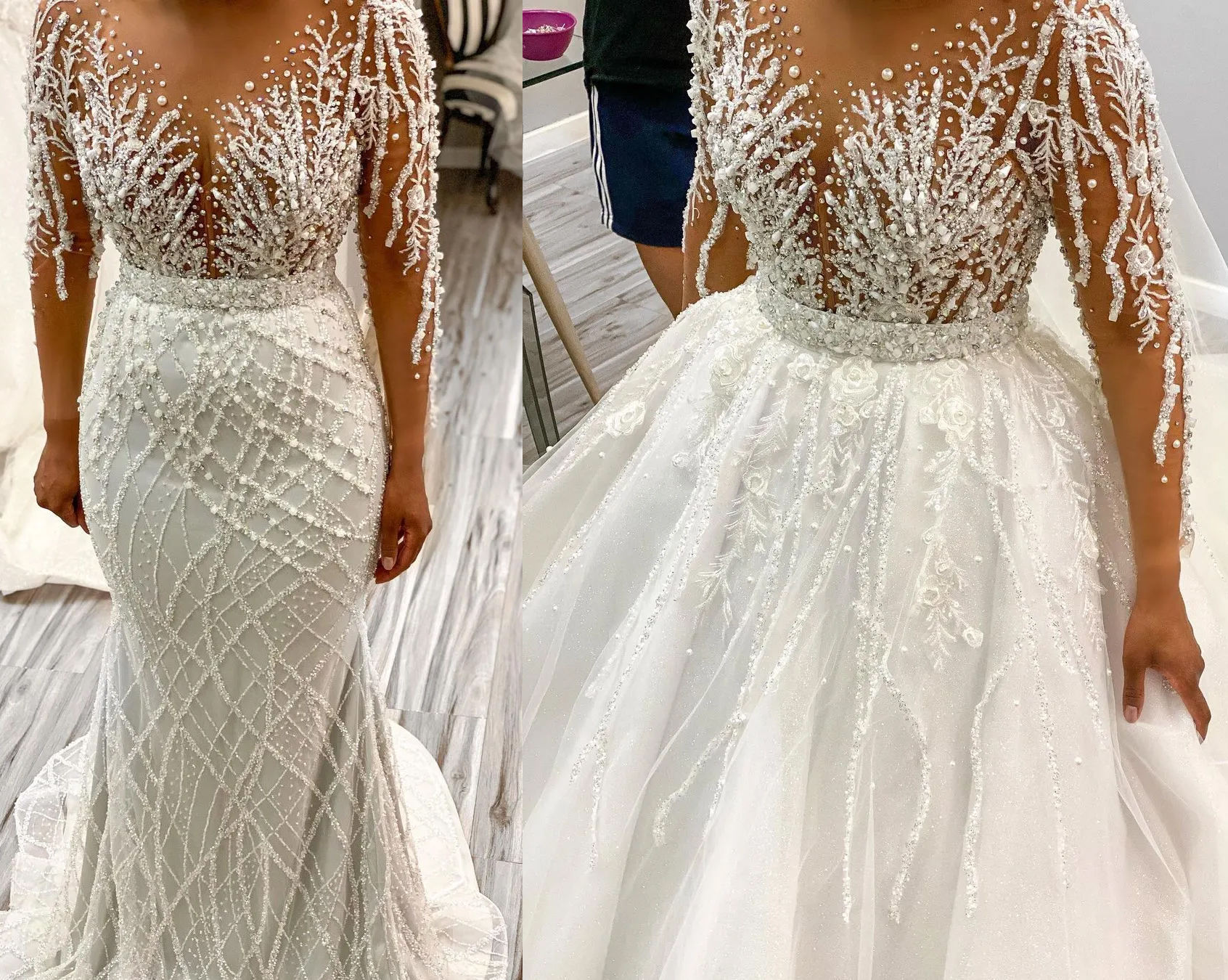 2024 Mermaid Morden African Wedding Dress Detachable Train Illusion Neck Long Sleeves Heavy Handwork Beads Sequins Bride Gowns Vestidos De Novia