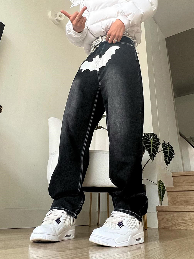 Men's Jeans Printed Black Jeans For Men Y2K Fashion Graphic Painted Baggy Casual Trousers Loose Straight Leg Cotton Denim Pants 230907