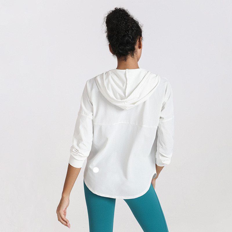 DS15 Womens Dust Coat Hooded Fitness Wear Yoga Outfits Sportswear Outer Loose Jackets Adult Running Train Exercise Long Sleeve Waterproof Tops