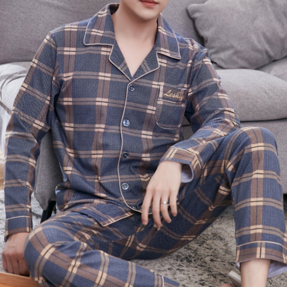 Men's Sleepwear SUO CHAO 100% Cotton Pajamas Set For Men's Loose Casual Plaid Sleepwear Pyjamas Home Clothes Nightgown Homewear 230907