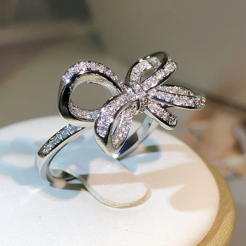 Wedding Rings 925 Sterling Silver Classic Big Bow Zircon Ring For Ladies Fashion Birthday Wedding Engagement Jewelry Gift 230907