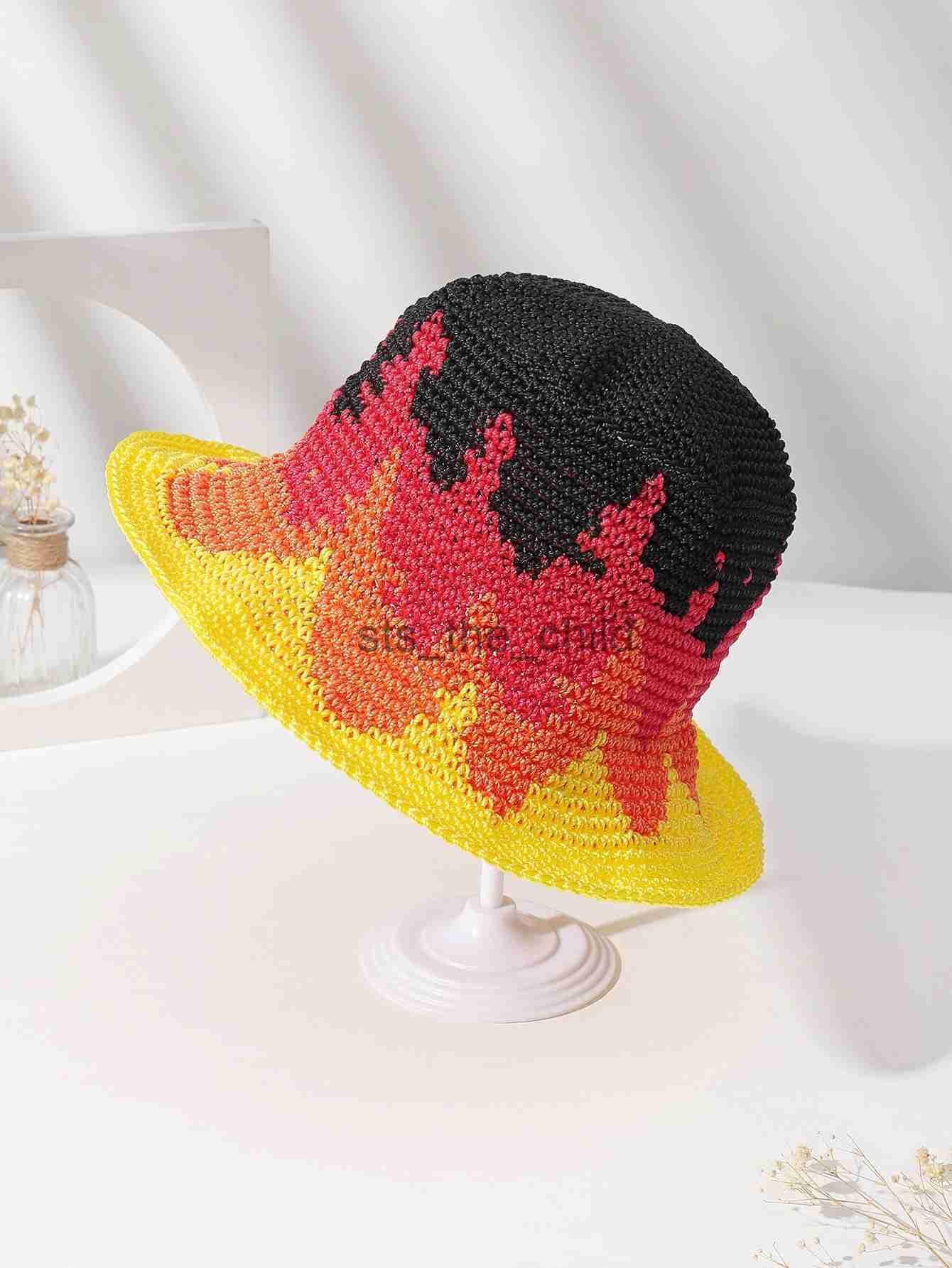Beanie/Skull Caps Wide Brim Hand Crochet Knit Bucket Hat Foldable Floppy Summer Fisherman's Hat Custom Sunshade Flame Design x0907