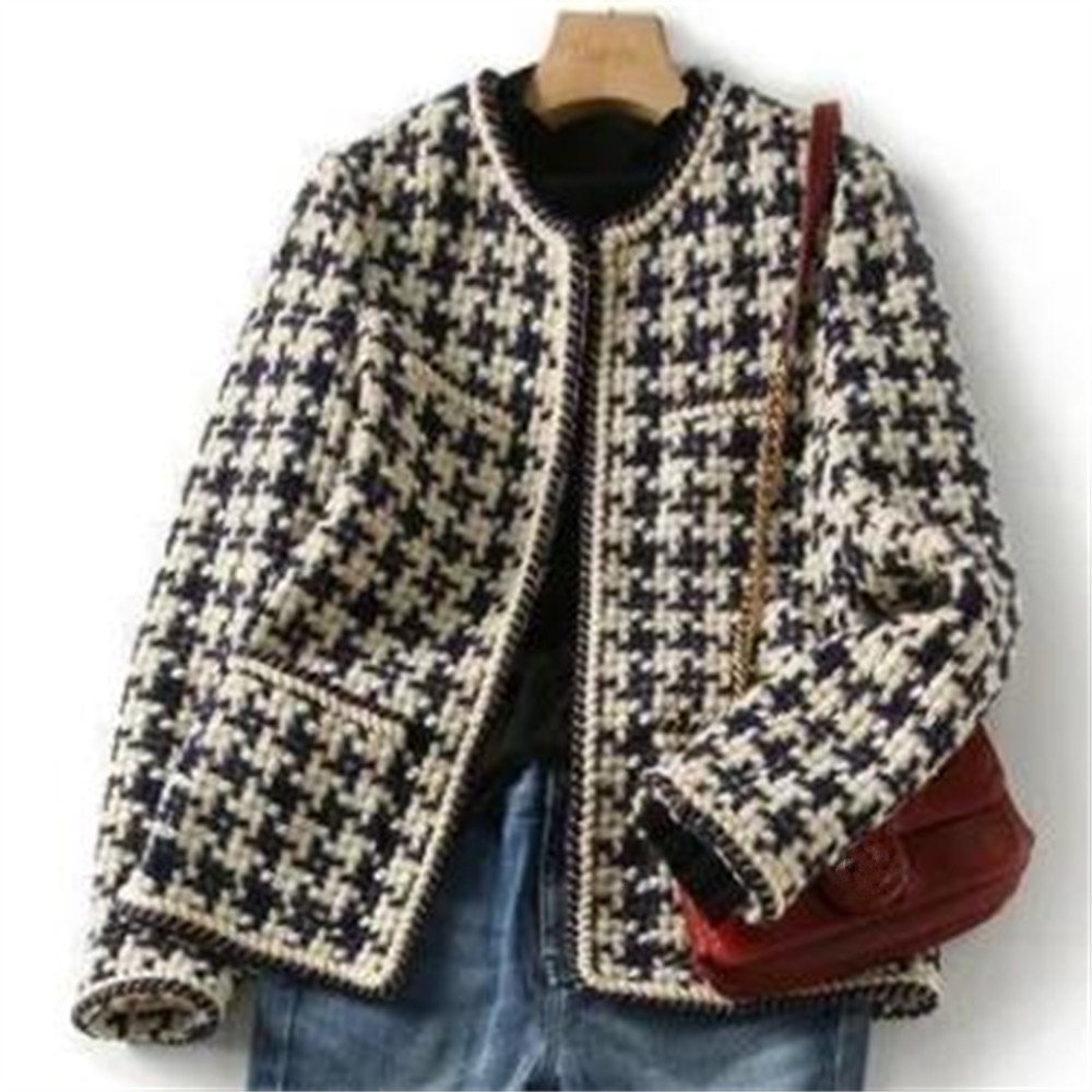Womens Wool Blends Elegant Weave Plaid Outerwear Women Blazer Pocket Lining Autumn Winter Causal Tweed Coat Ol Suit Jacket Tweed With Cotton 230906