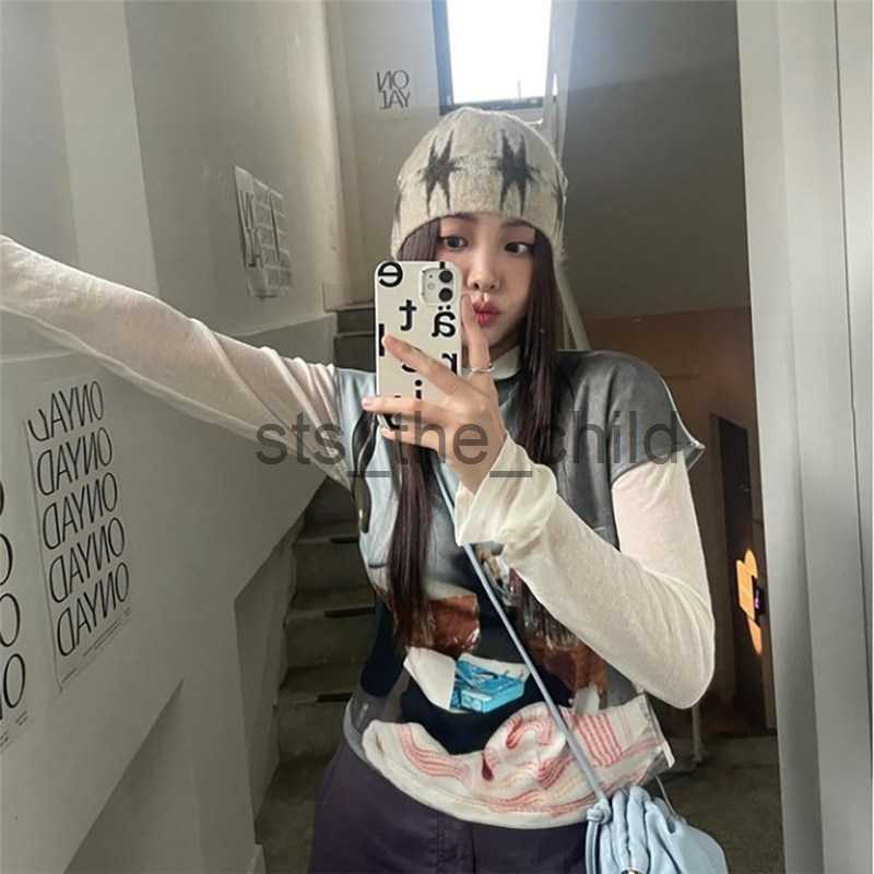 Beanie/Skull Caps 2023 Harajuku Vintage Skullies Hats Y2k Casual Fashion Star Plaid Knitted Hat Autumn Winter Warm Unisex Beanies Caps Streetwear x090