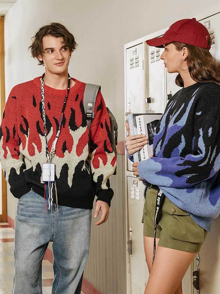 Men s Sweaters Sweater for Men Fire Flame Graphic Y2K Streetwear Knit Pullover Long Sleeves Fall Winter Warm Jumper masculino 230906
