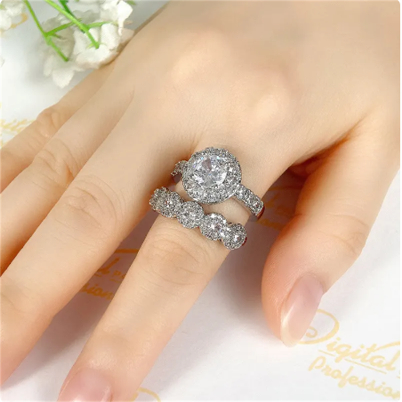 Handmade Lab Diamond Finger Ring Sets 925 Sterling Silver Party Wedding Band Rings for Women Bridal Engagement Jewelry Gift