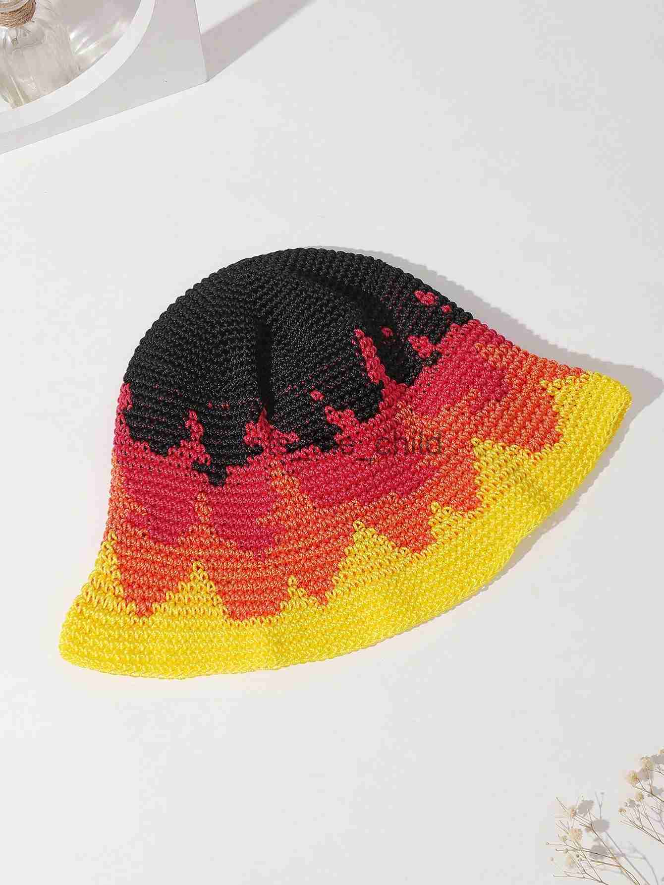 Beanie/Skull Caps Wide Brim Hand Crochet Knit Bucket Hat Foldable Floppy Summer Fisherman's Hat Custom Sunshade Flame Design x0907
