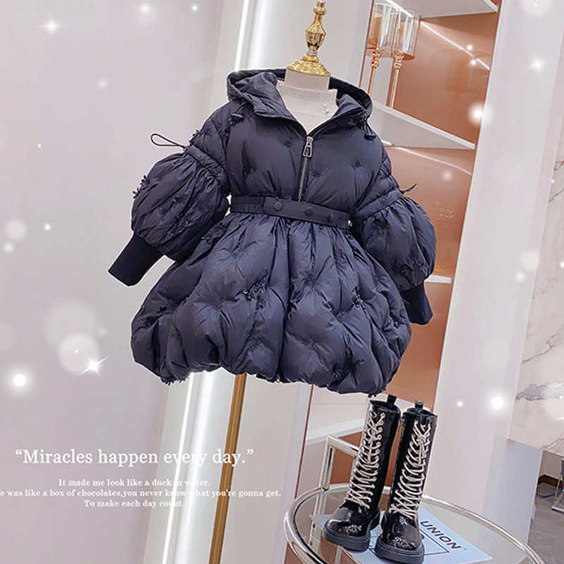 Down Coat Fashion Baby Girls Winter Jacket Cotton Padded Toddler Teens Hooded Long Coat Kids Black Flower Thick Child Outerwear R230905