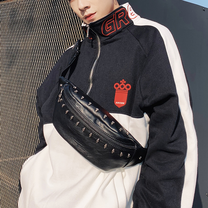 Waist Bags Annmouler Fashion Unisex Waist Pack Bag Pu Leather Skull Chest Bag Black Shoulder Phone Pouch Large Men Women Fanny Pack Bum Bag 230907