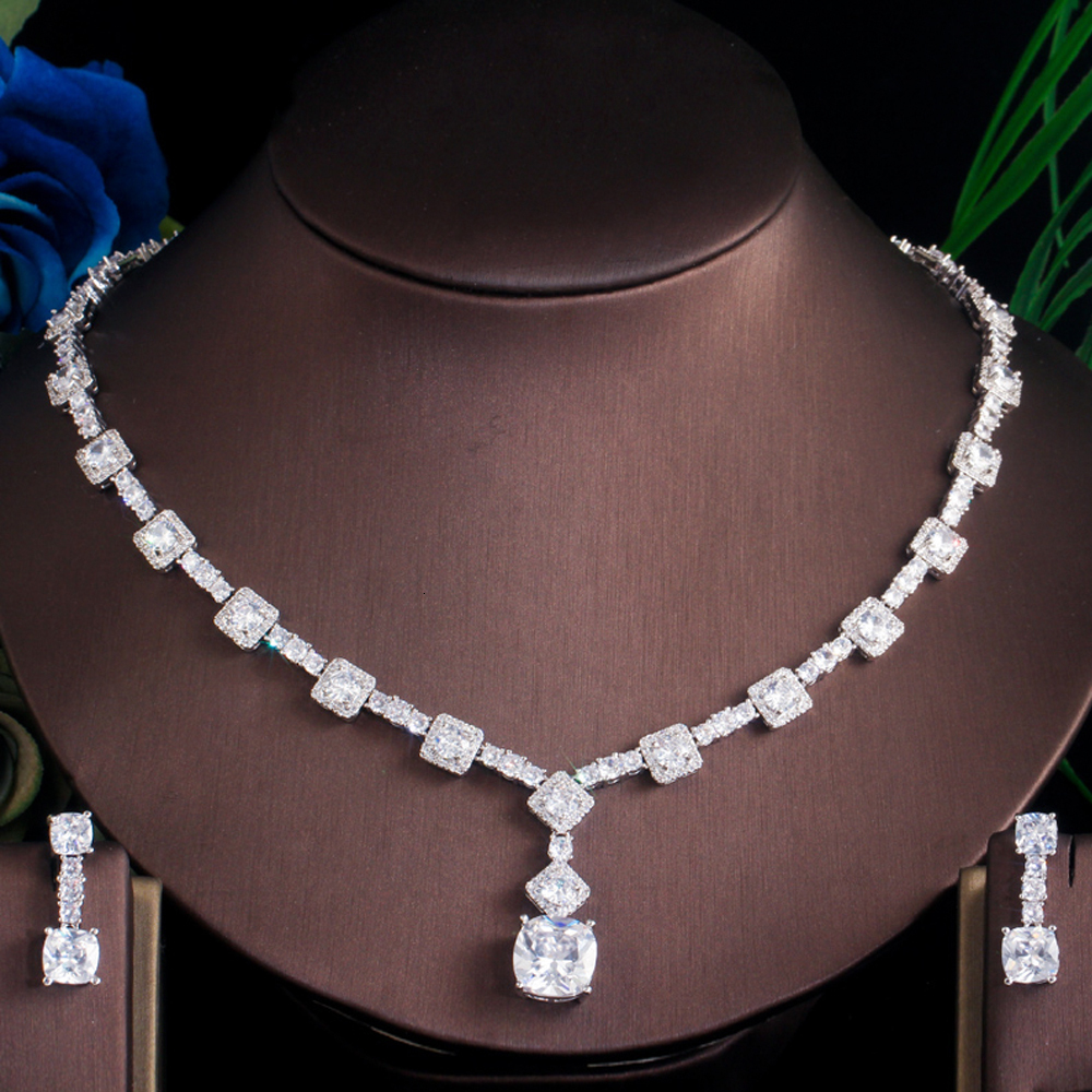 Wedding Jewelry Sets ThreeGraces Elegant Yellow CZ Crystal Silver Color Big Square Drop Earrings Necklace Wedding Party Jewelry Sets for Women TZ581 2