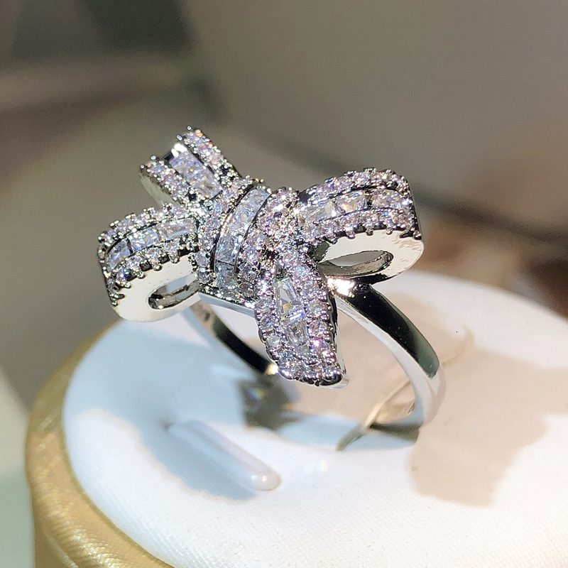 Wedding Rings 925 Silver Color Bowknot Bow Knot Bling Zircon Stone Rings for Women Fashion Wedding Engagement Jewelry 230907