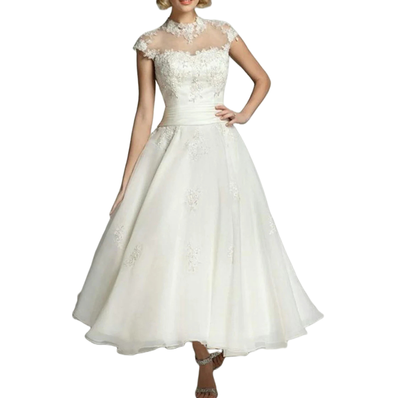 Short Sleeves A Line Vintage Wedding Dress Lace Appliques Ankle Length Bridal Gowns Crew Neck Classic Ivory Organza Bride Dresses Custom Made