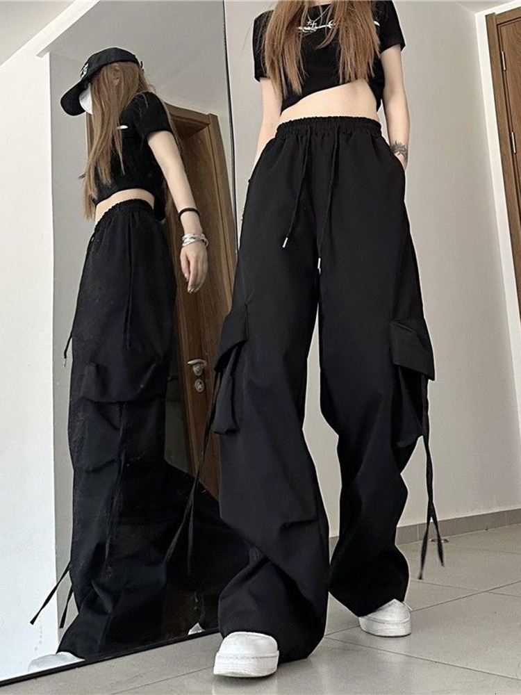 Women's Pants Capris Zoki Cargo Pant Women y2k Streetwear Hip Hop Loose Casual Trousers American High Waist Big Pockets Lace Up Fashion Lady Pant