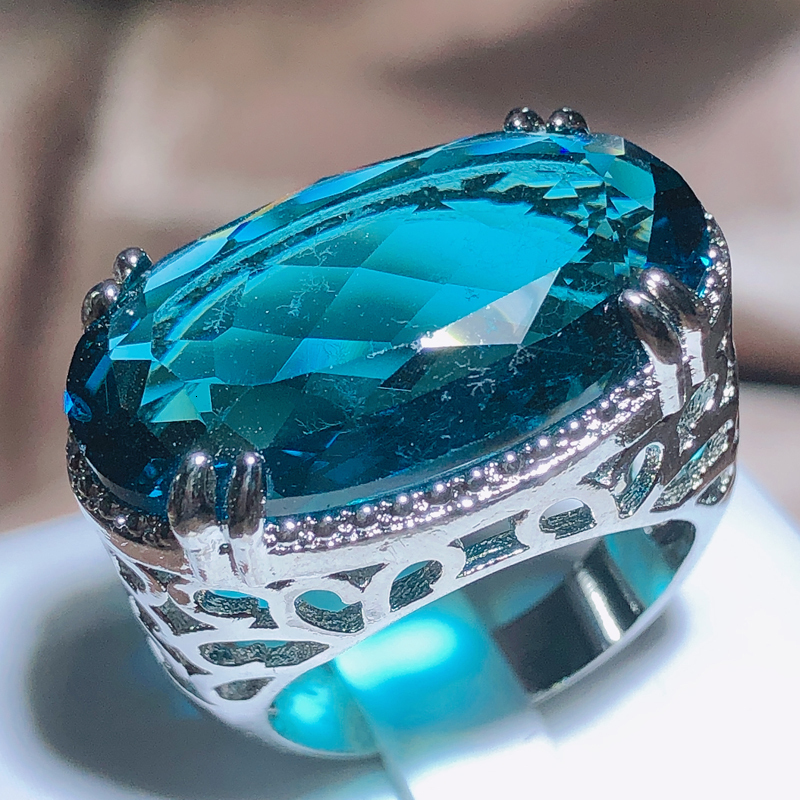 Wedding Rings Exaggerated Large Zircon Ring Women 925 Stamp Party Birthday Gift Oversized Blue Main Stone Ring 230907