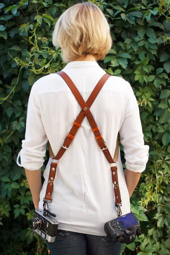 Suspenders Travel camera strap Pographer women suspender leather Rivet retro brace vintage men acessorios masculino 230907