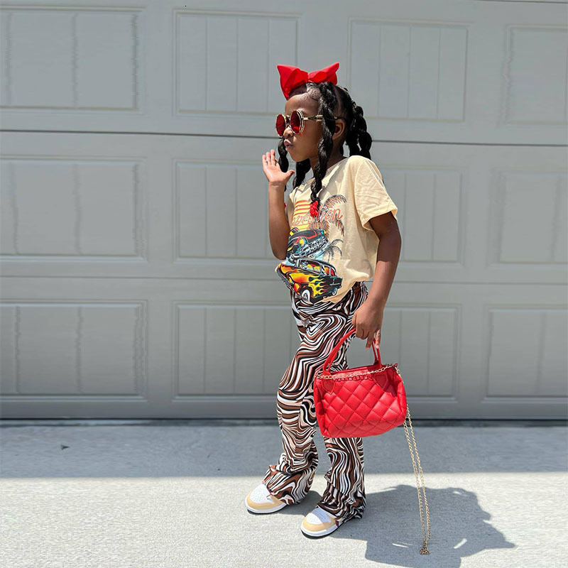 Trousers 2023 Summer Pants Baby Girls Wave Print Flare Leggings With Small Moq Brown Vintage Street Style Trouser Chirldren Pant 1 8Y 230906