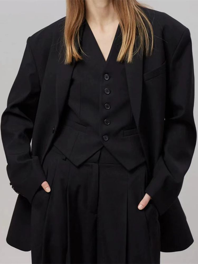 Women Blends Women Wool Blend Shoulder Padded Blazer Autumn Winter Lady Basic Casual All Match Office Wear Silhouette Jacket 230906