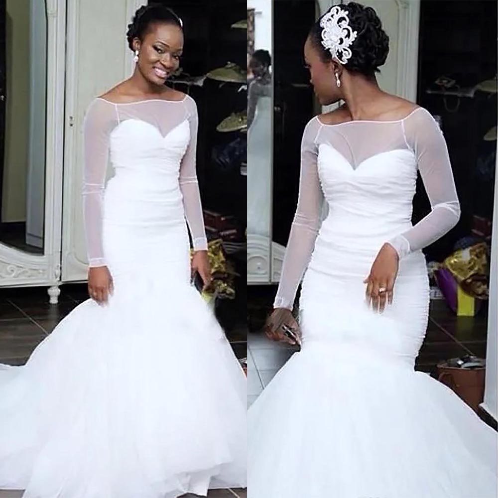 Wedding Dresses Plus Size White Bridal Gowns Formal Mermaid Trumpet Scoop Long Sleeve Satin Tulle Ivory Zipper Lace Up New Custom