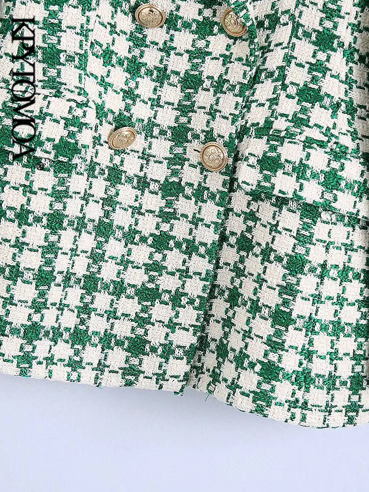 Womens Suits Blazers KPYTOMOA Women Fashion Tweed Double Breasted Blazer Coat Vintage Long Sleeve Flap Pockets Female Outerwear Chic Veste Femme 23090