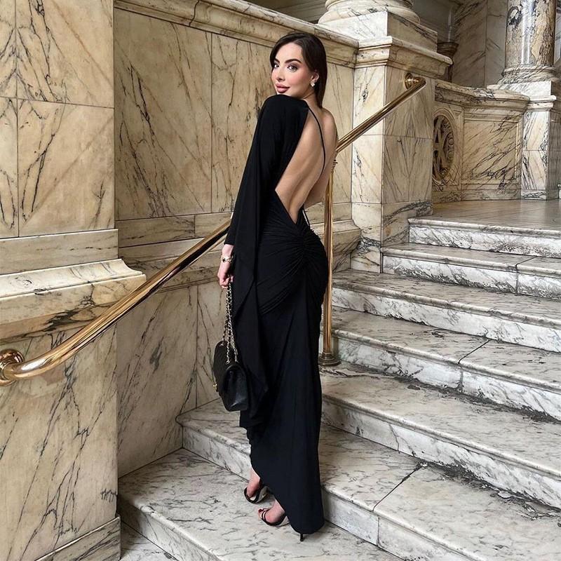 Casual Dresses Woman's Sexy Backless Thin Knit Woolen Chic Halter Lace Up Flare Sleeve Maxi Vestidos Beach Holiday Party Robe Outfits B1