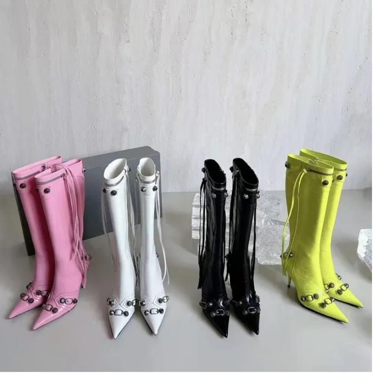 Cagole knee length boots, studded buckle decoration, side zippered shoes, pointed thin high heels, high boots, luxury designer shoes, women's factory shoes