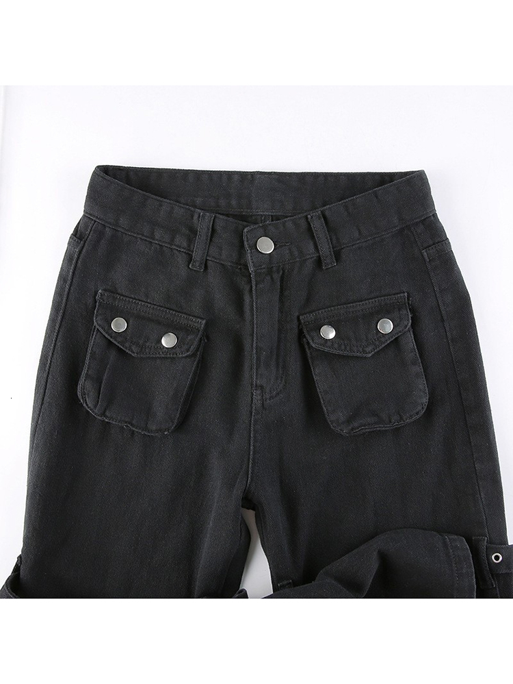 Women's Pants Capris Eyelet Buckle Cyber Punk Goth Baggy Jeans Y2K Woman Techwear Dark Academic Solid E Girl Cargo Pants Denim Gothic Hippie Trou
